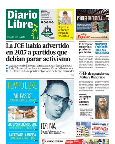 Portada Periódico Diario Libre, Sábado 23 de Junio 2018