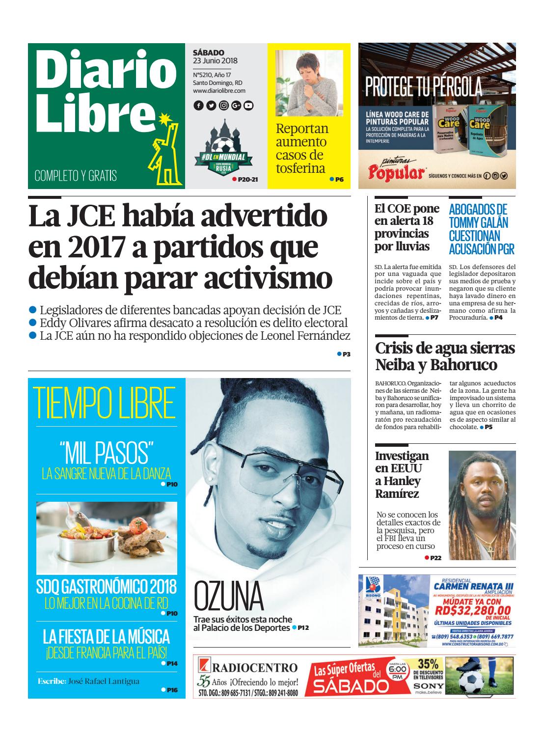 Portada Periódico Diario Libre, Sábado 23 de Junio 2018