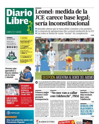 Portada Periódico Diario Libre, Viernes 22 de Junio 2018