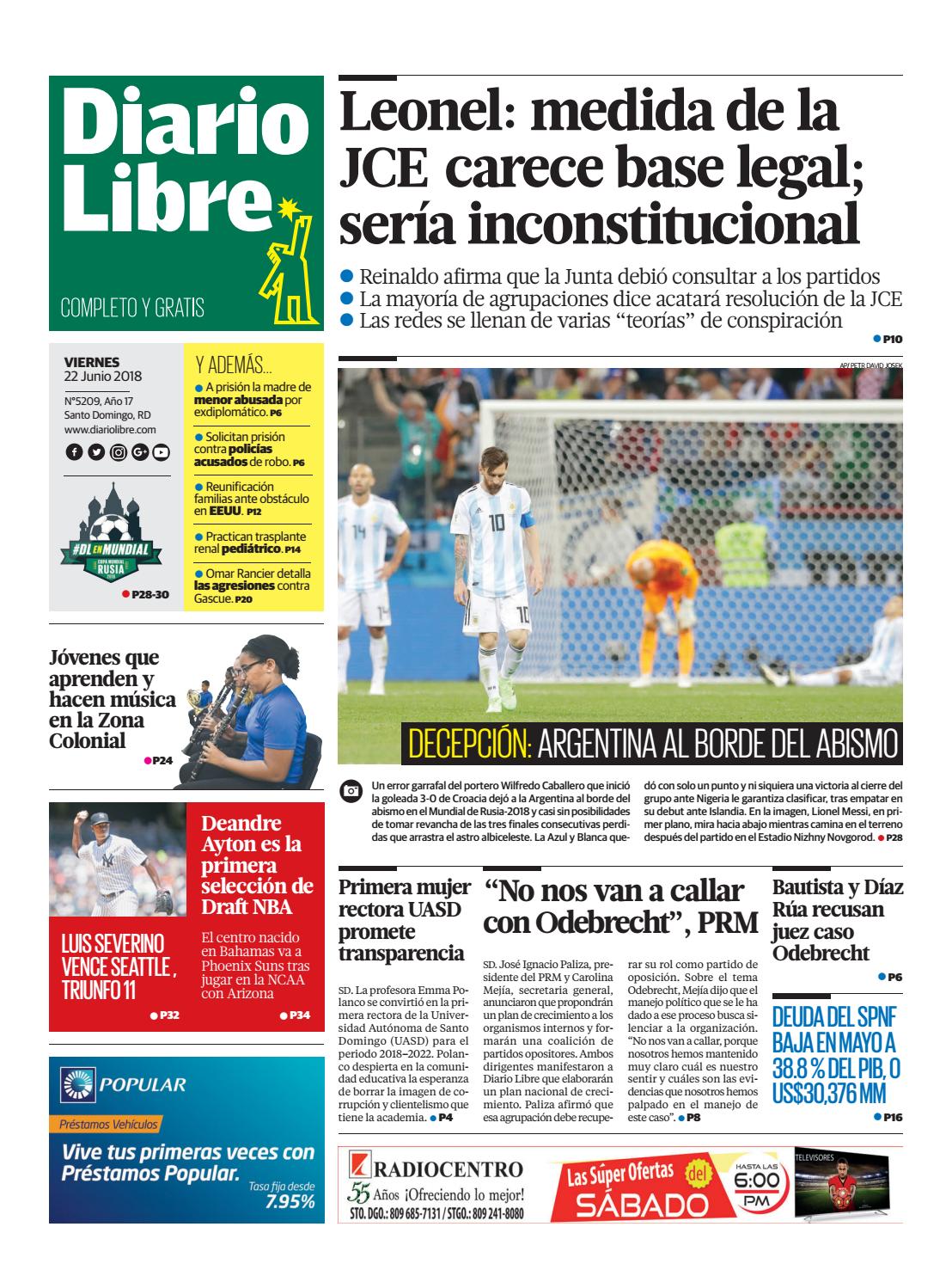 Portada Periódico Diario Libre, Viernes 22 de Junio 2018