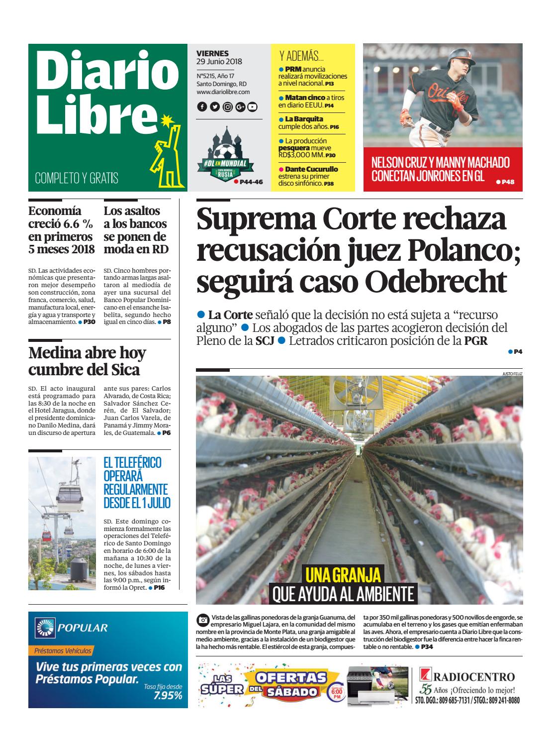 Portada Periódico Diario Libre, Viernes 29 de Junio 2018