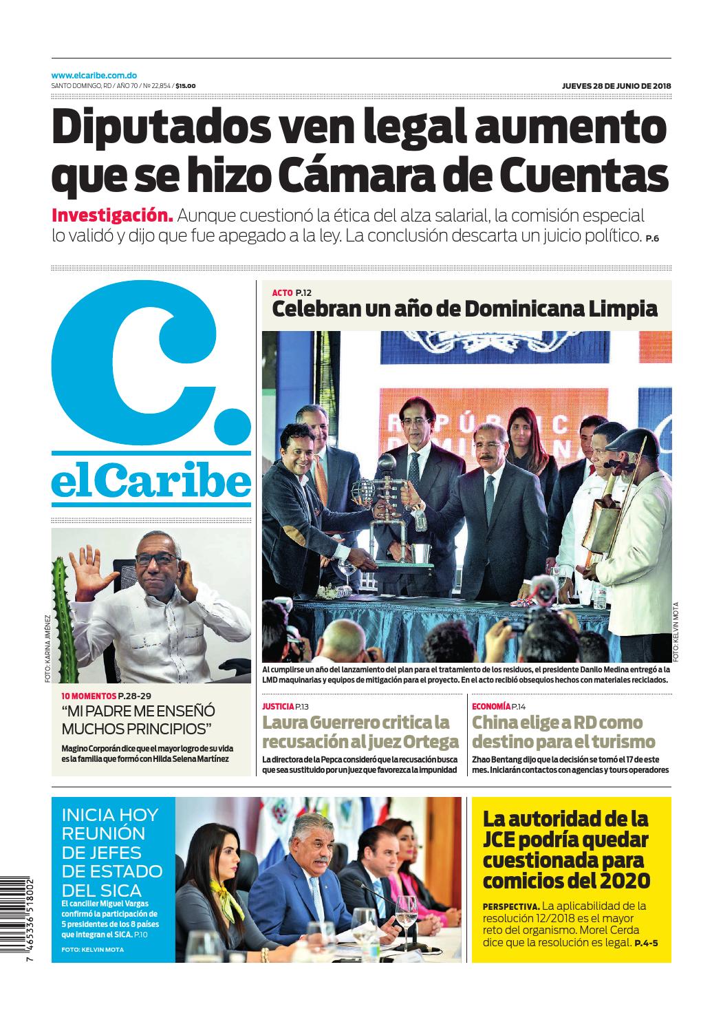 Portada Periódico El Caribe, Jueves 28 de Junio 2018