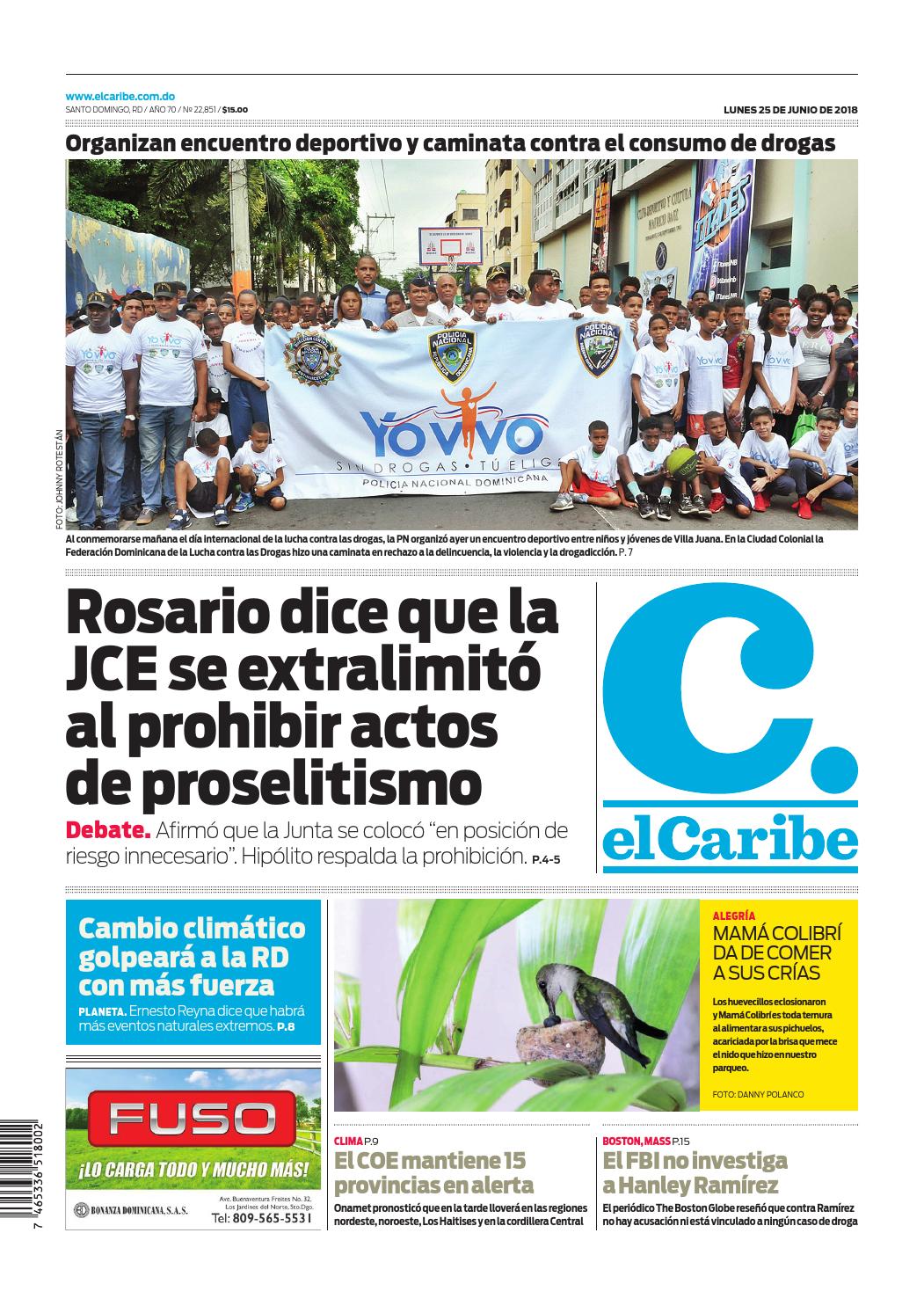 Portada Periódico El Caribe, Lunes 25 de Junio 2018