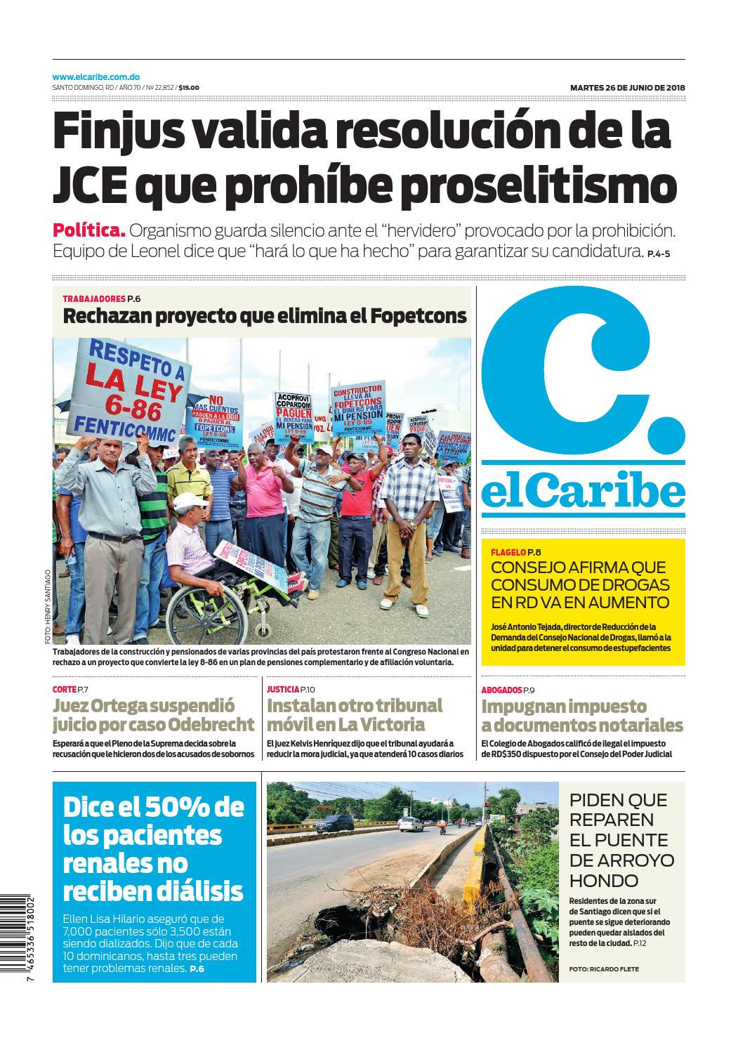 Portada Periódico El Caribe, Martes 26 de Junio 2018