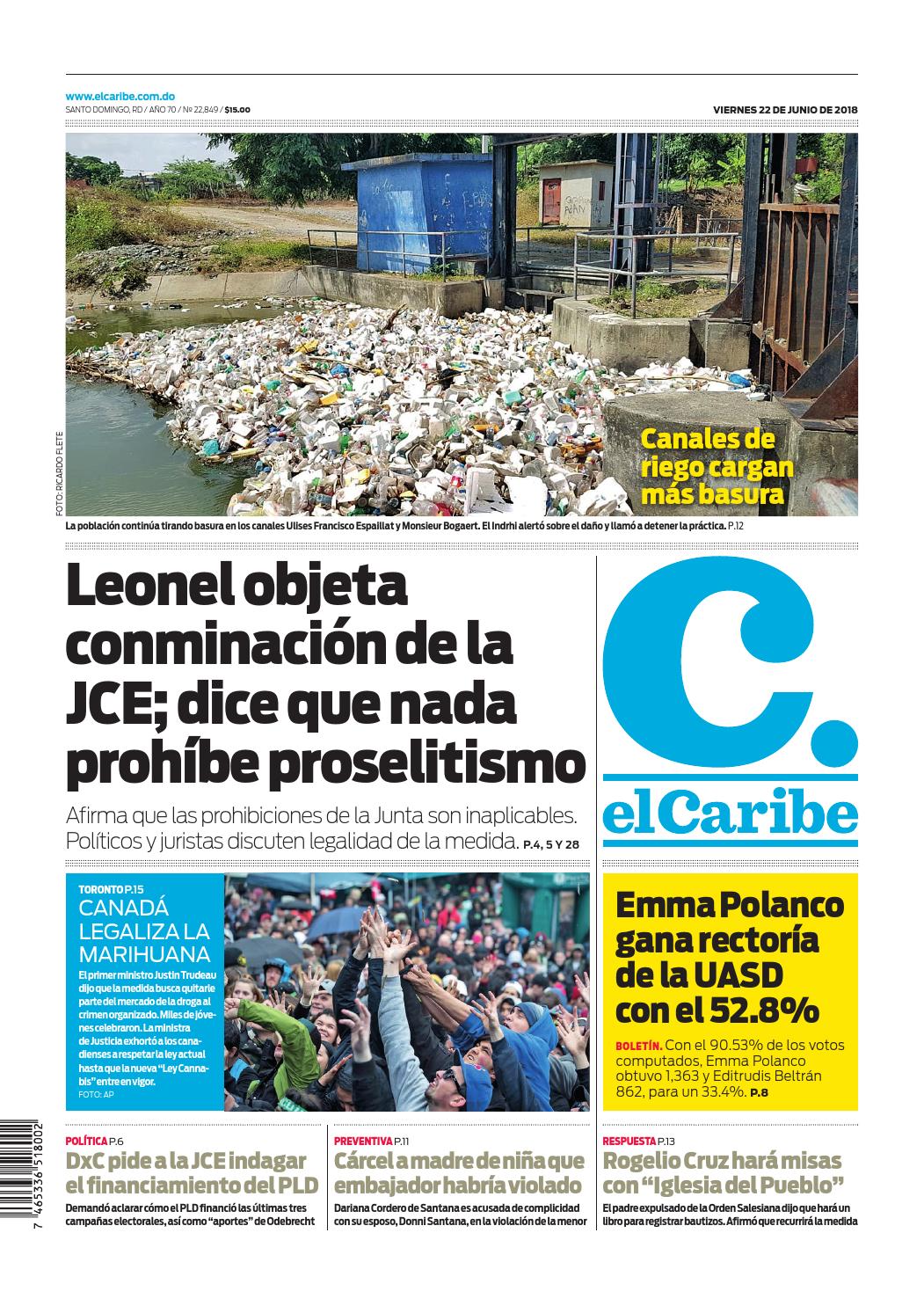 Portada Periódico El Caribe, Viernes 22 de Junio 2018