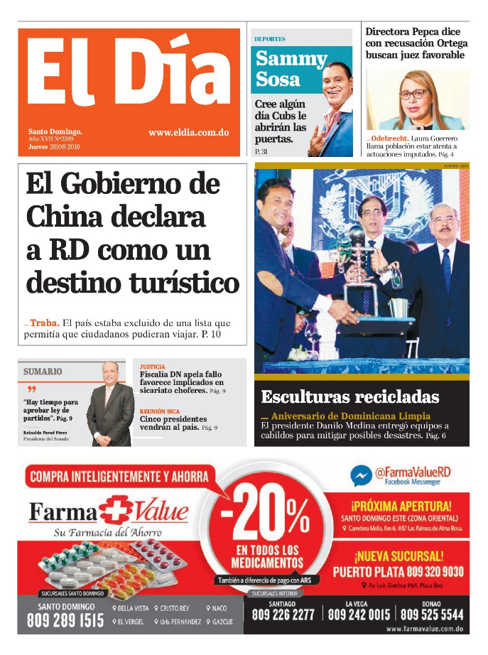 Portada Periódico El Día, Jueves 28 de Junio 2018