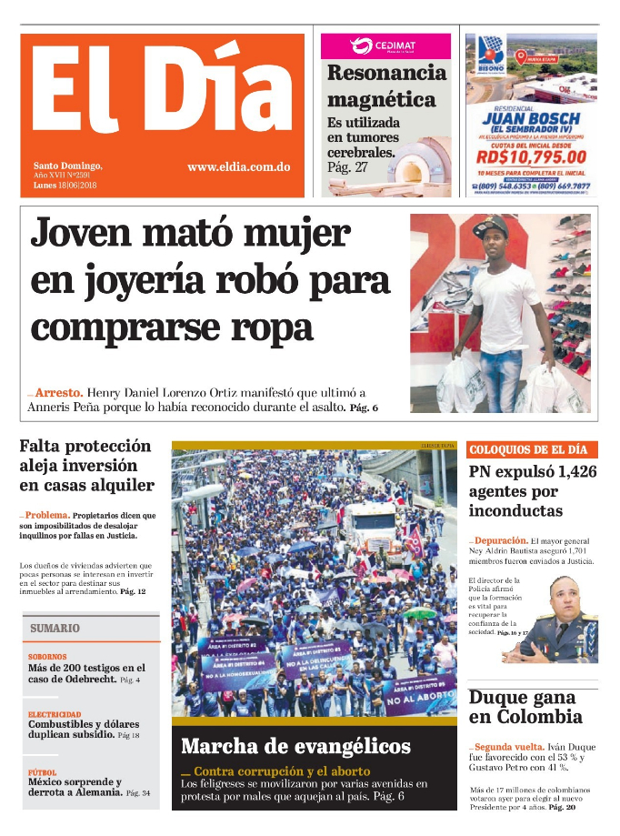 Portada Periódico El Día, Lunes 18 de Junio 2018