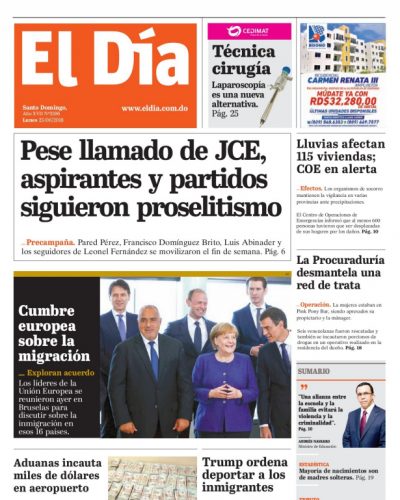 Portada Periódico El Día, Lunes 25 de Junio 2018