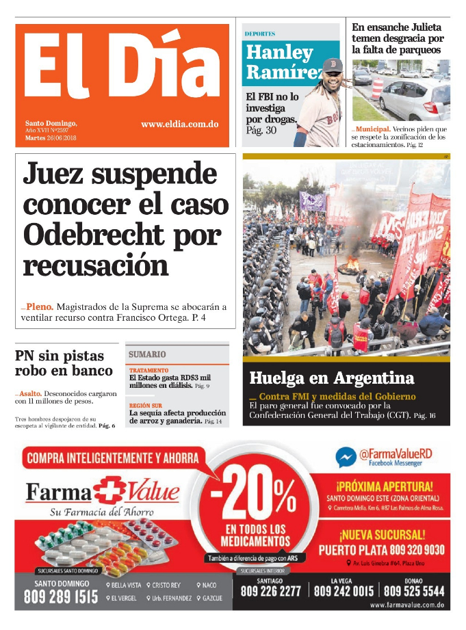 Portada Periódico El Día, Martes 26 de Junio 2018