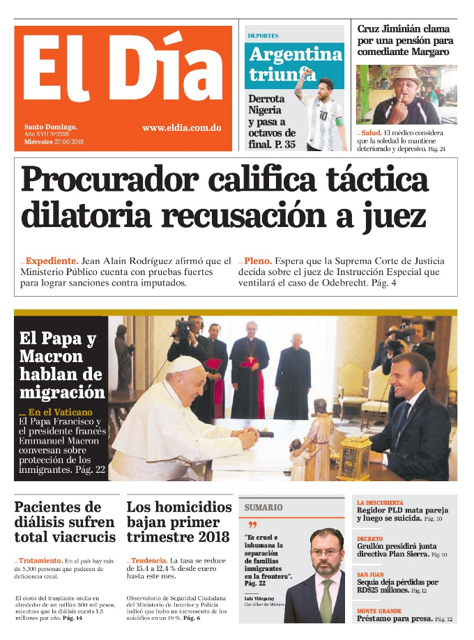 Portada Periódico El Día, Miércoles 27 de Junio 2018