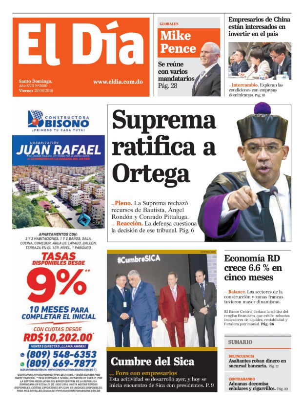 Portada Periódico El Día, Viernes 29 de Junio 2018