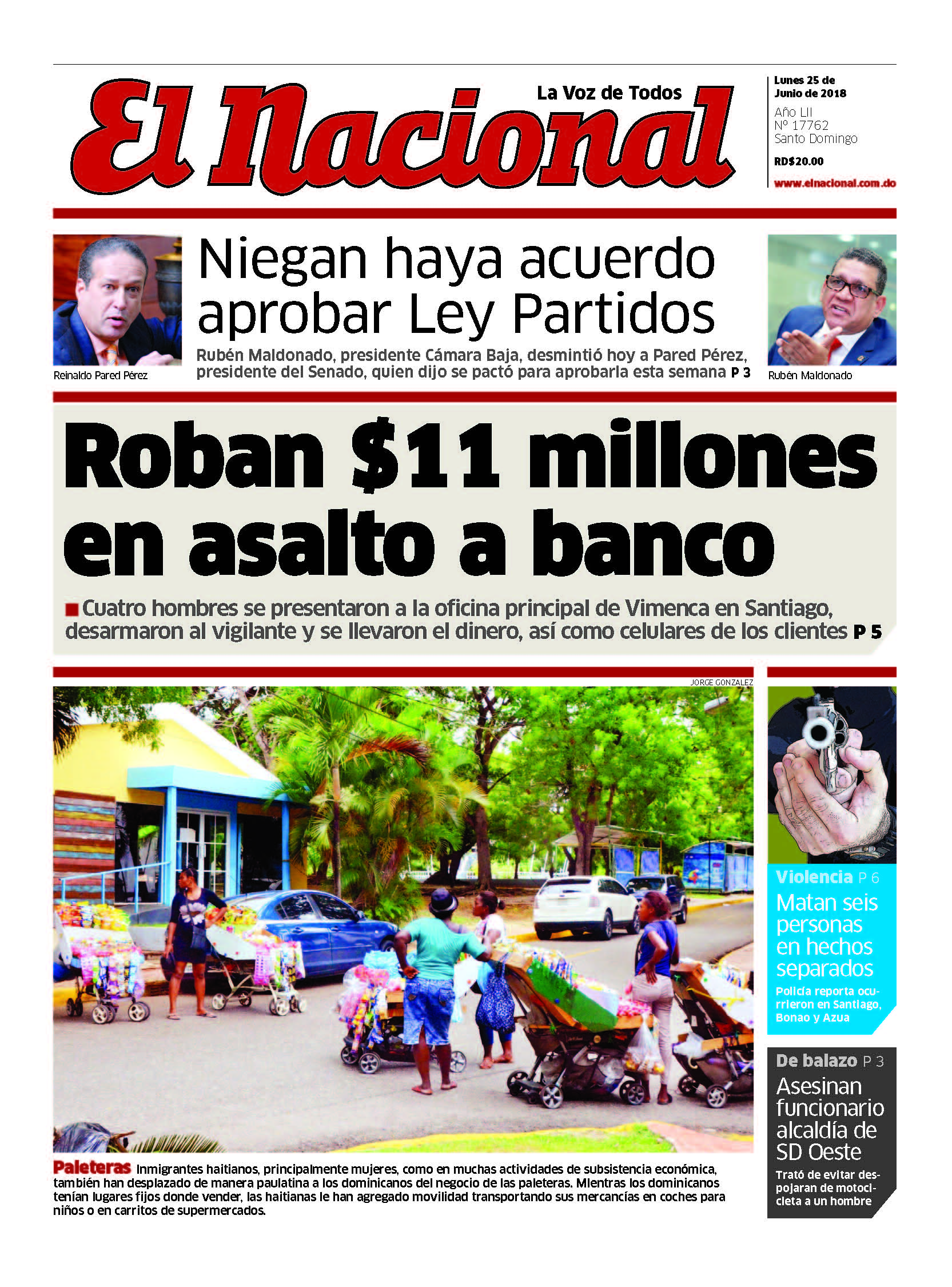 Portada Periódico El Nacional, Lunes 25 de Junio 2018