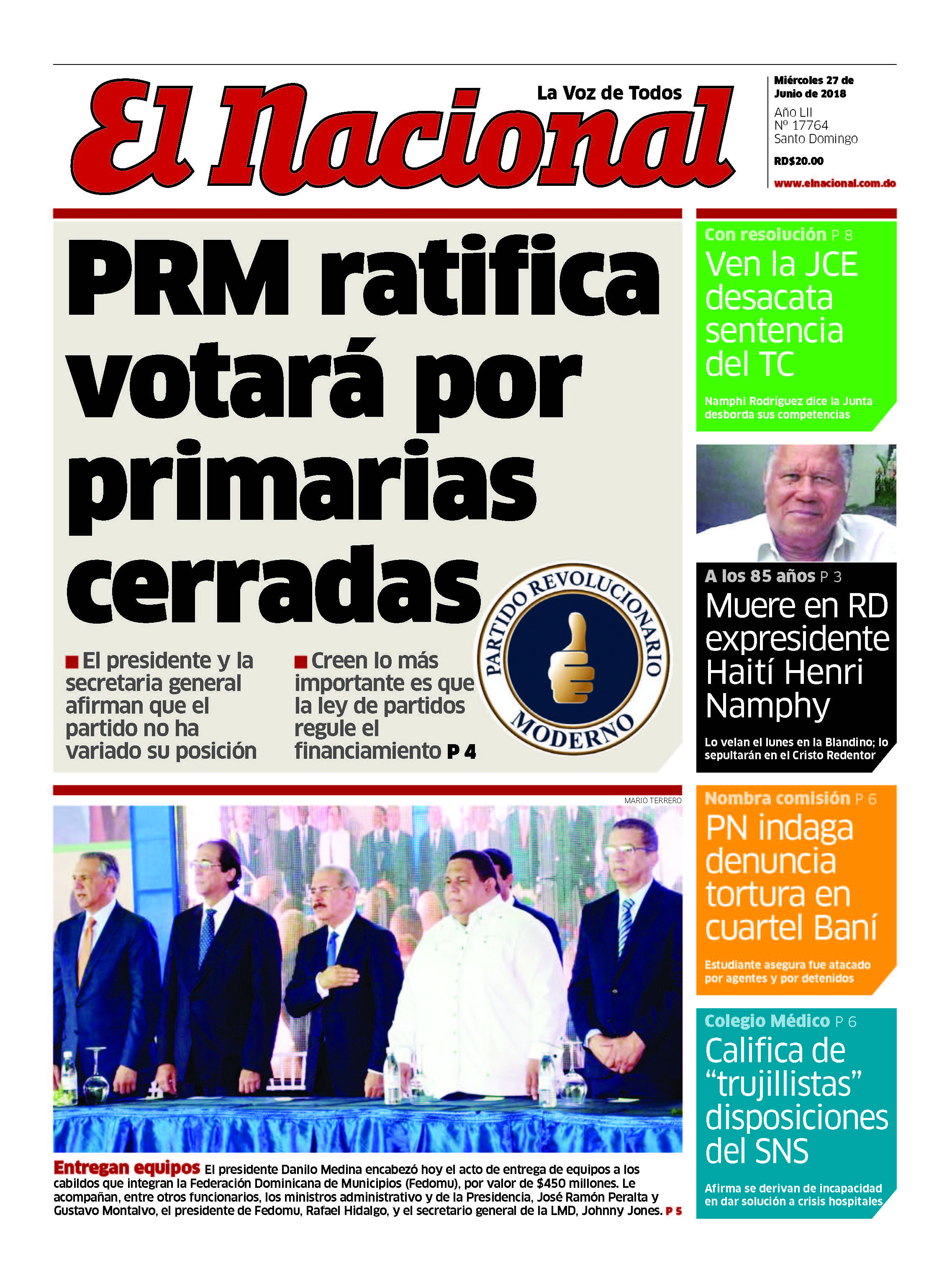 Portada Periódico El Nacional, Miércoles 27 de Junio 2018