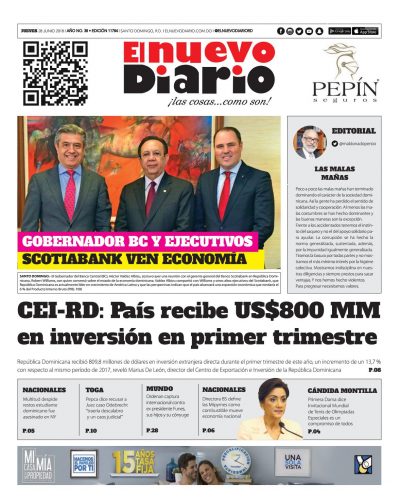 Portada Periódico El Nuevo Diario, Jueves 28 de Junio 2018