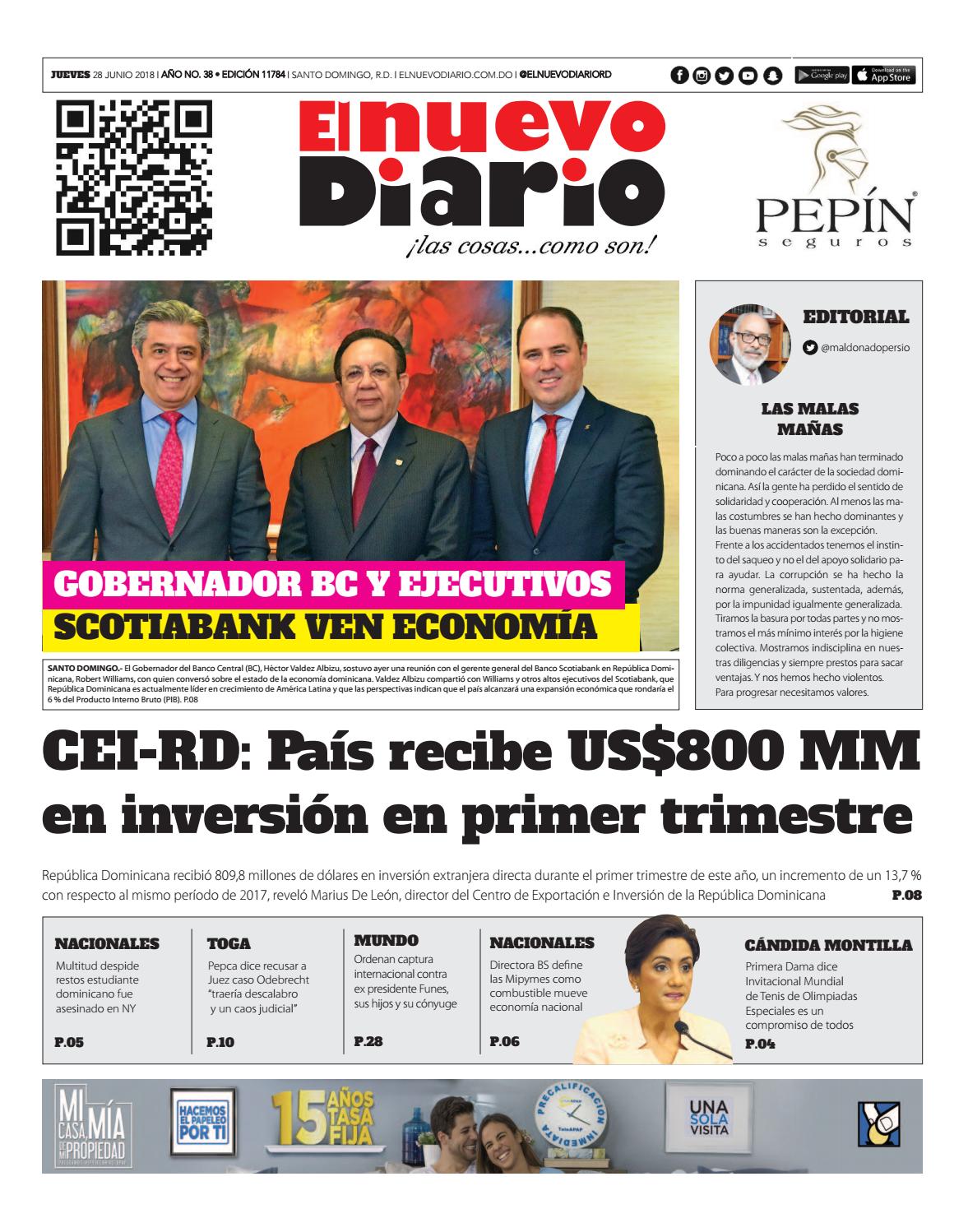 Portada Periódico El Nuevo Diario, Jueves 28 de Junio 2018