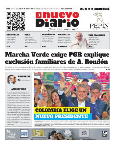 Portada Periódico El Nuevo Diario, Lunes 18 de Junio 2018