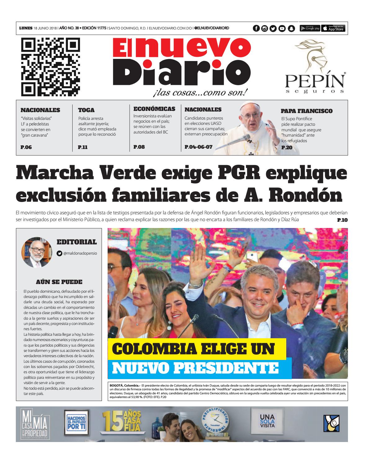 Portada Periódico El Nuevo Diario, Lunes 18 de Junio 2018