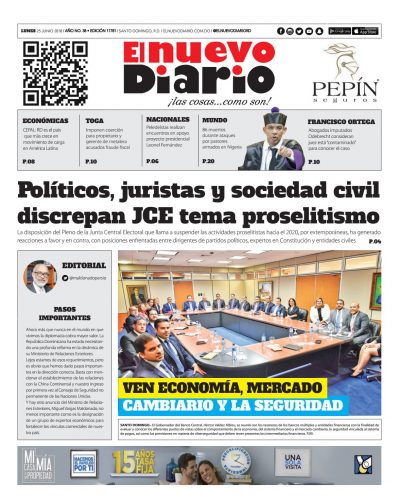 Portada Periódico El Nuevo Diario, Lunes 25 de Junio 2018