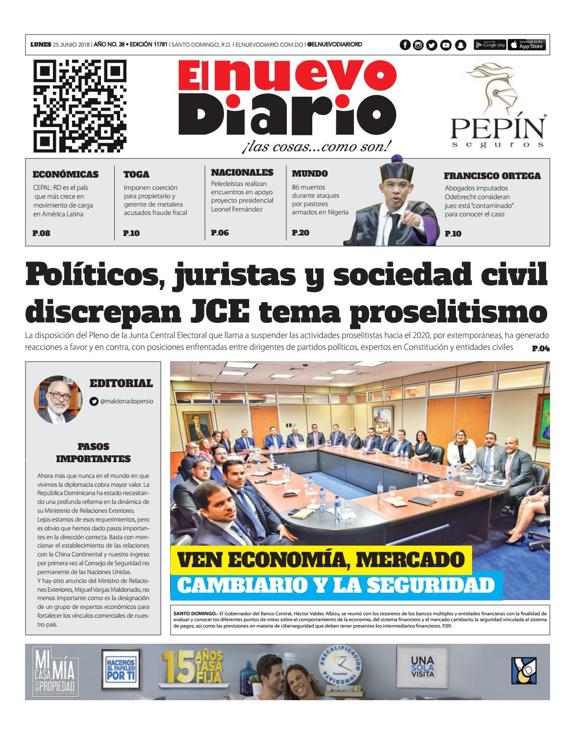Portada Periódico El Nuevo Diario, Lunes 25 de Junio 2018