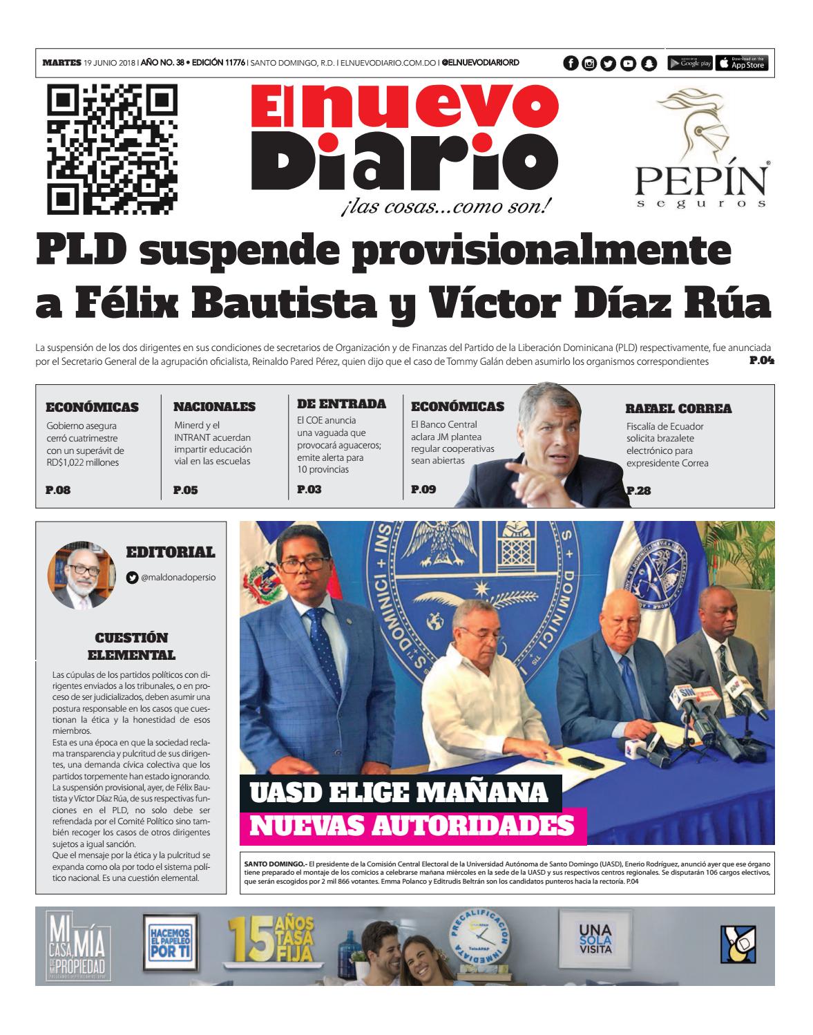 Portada Periódico El Nuevo Diario, Martes 19 de Junio 2018