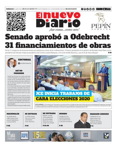 Portada Periódico El Nuevo Diario, Miércoles 20 de Junio 2018