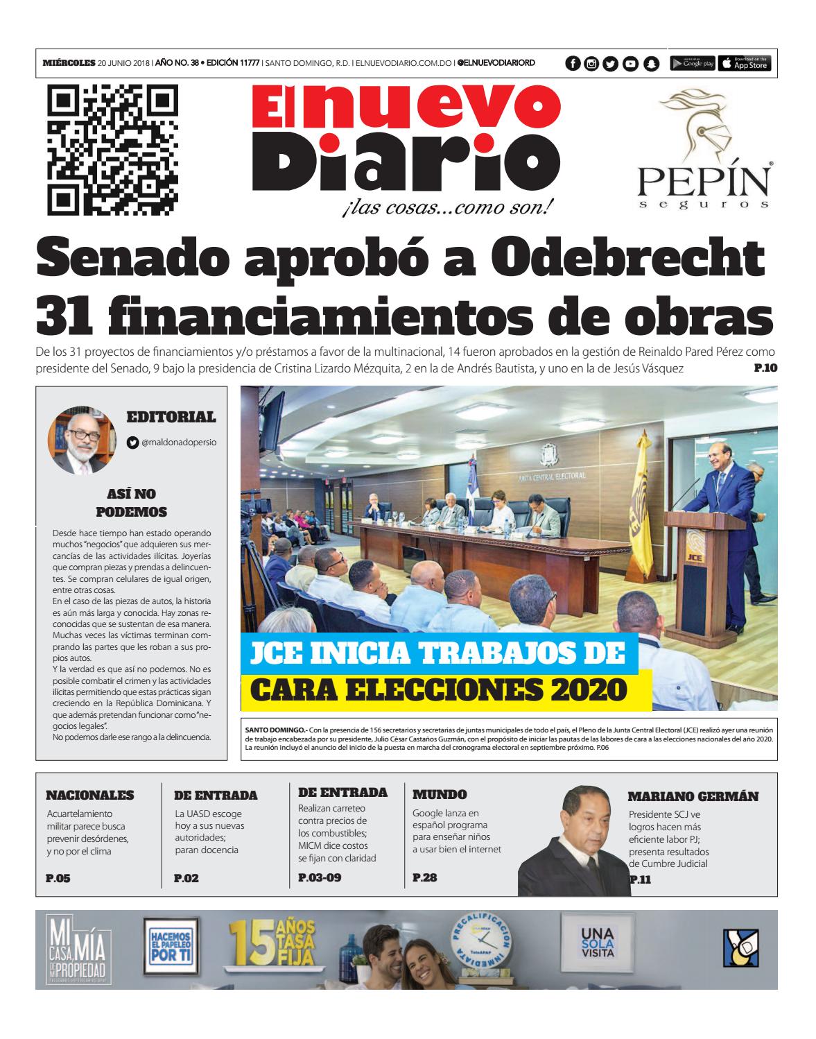 Portada Periódico El Nuevo Diario, Miércoles 20 de Junio 2018