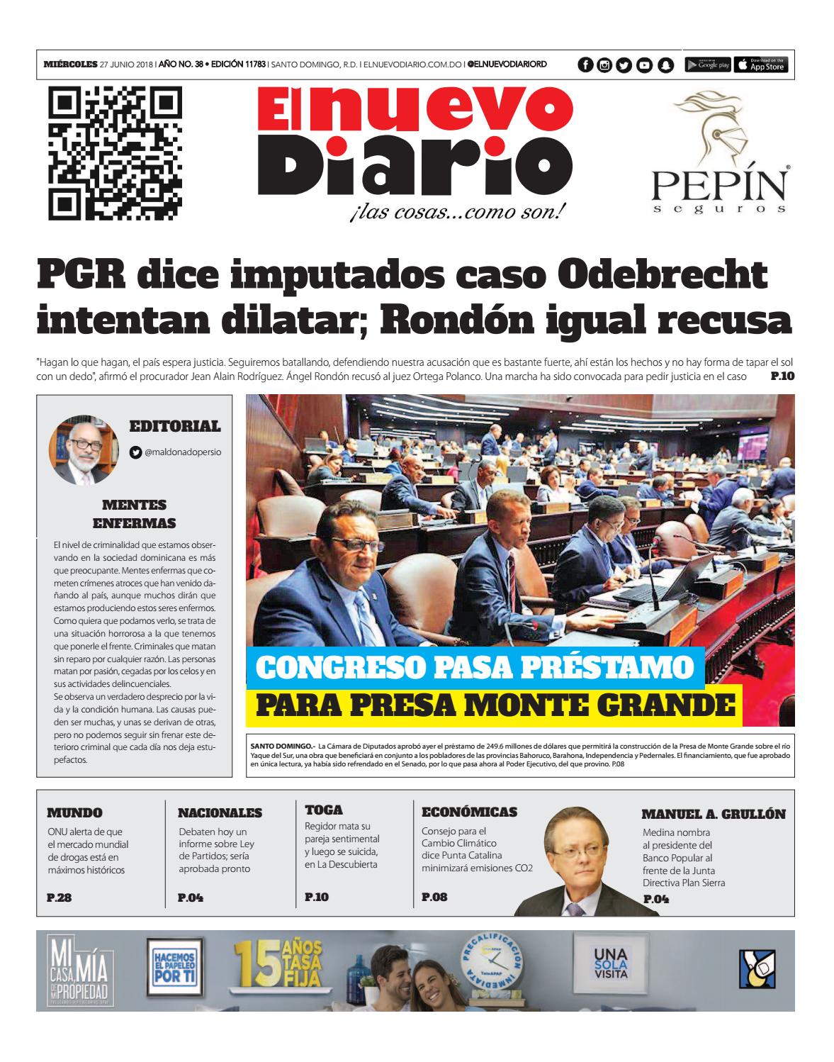 Portada Periódico El Nuevo Diario, Miércoles 27 de Junio 2018