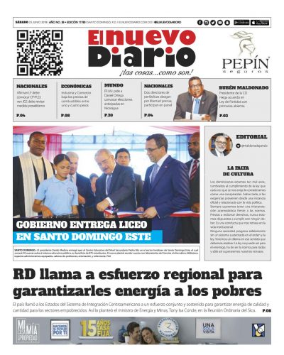 Portada Periódico El Nuevo Diario, Sábado 23 de Junio 2018
