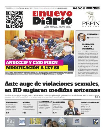 Portada Periódico El Nuevo Diario, Viernes 22 de Junio 2018