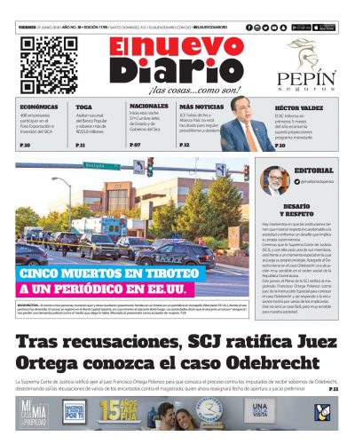 Portada Periódico El Nuevo Diario, Viernes 29 de Junio 2018