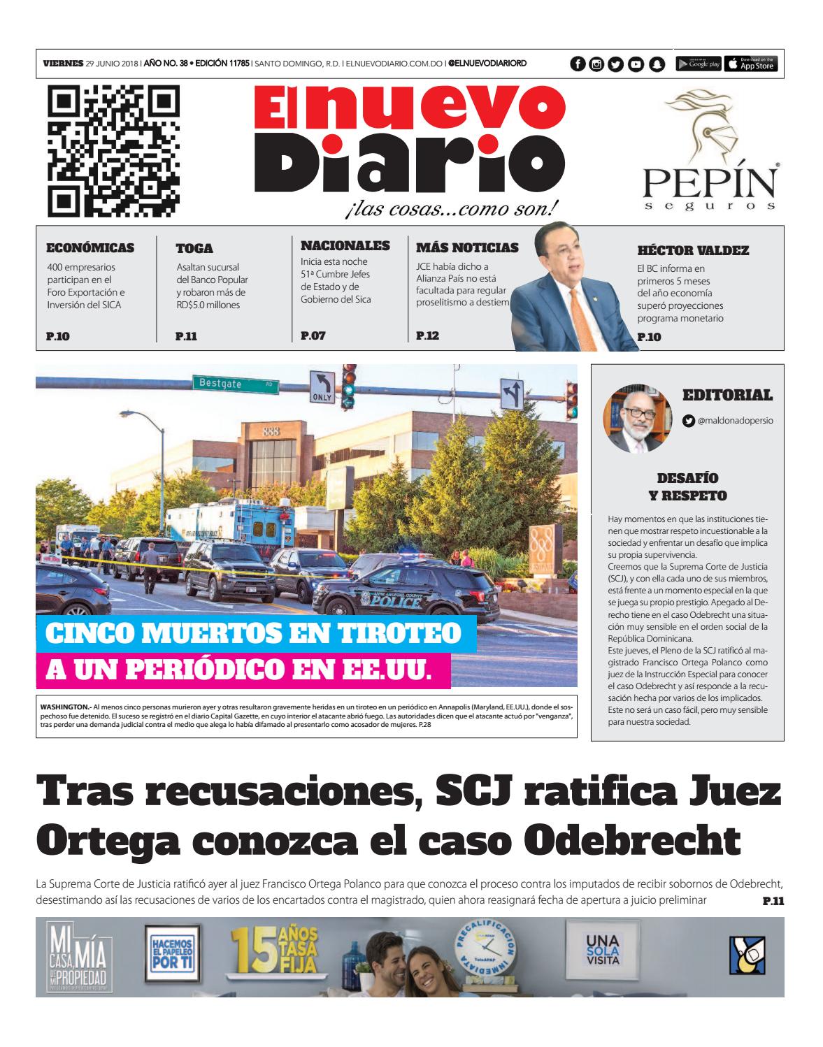 Portada Periódico El Nuevo Diario, Viernes 29 de Junio 2018