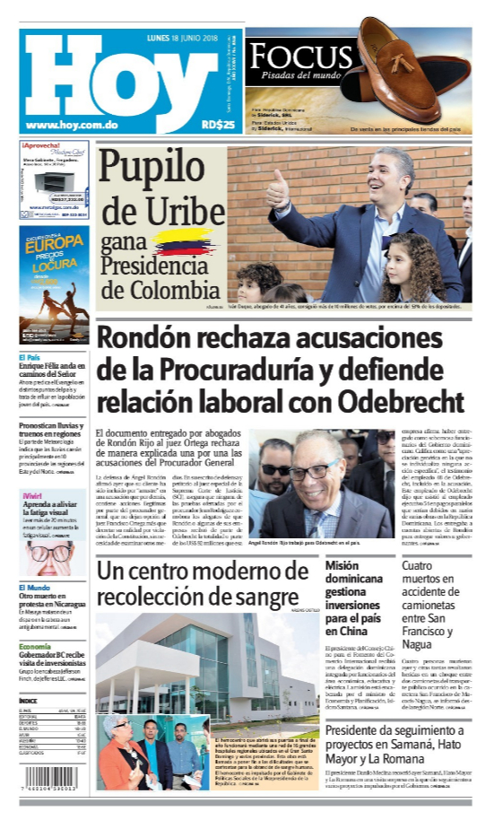 Portada Periódico Hoy, Lunes 18 de Junio 2018