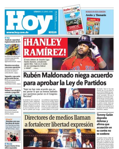 Portada Periódico Hoy, Lunes 25 de Junio 2018