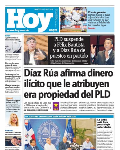 Portada Periódico Hoy, Martes 19 de Junio 2018