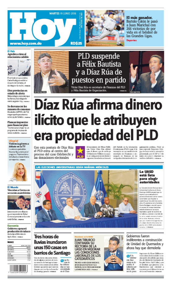 Portada Periódico Hoy, Martes 19 de Junio 2018