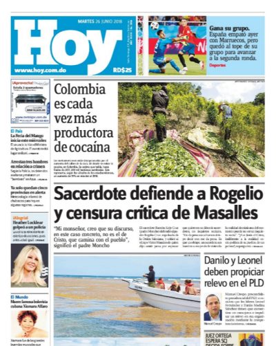 Portada Periódico Hoy, Martes 26 de Junio 2018