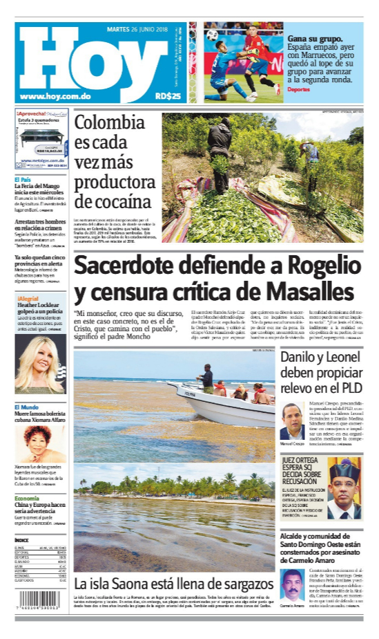 Portada Periódico Hoy, Martes 26 de Junio 2018