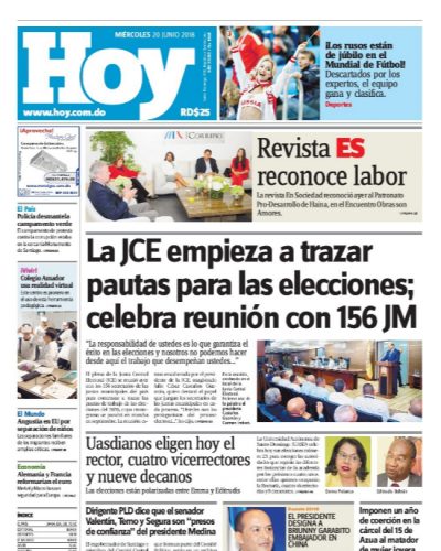 Portada Periódico Hoy, Miércoles 20 de Junio 2018