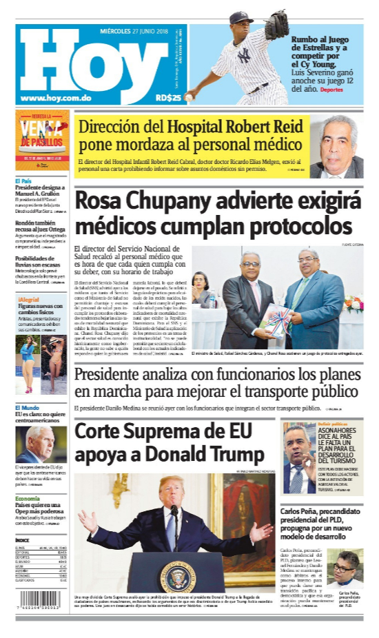 Portada Periódico Hoy, Miércoles 27 de Junio 2018