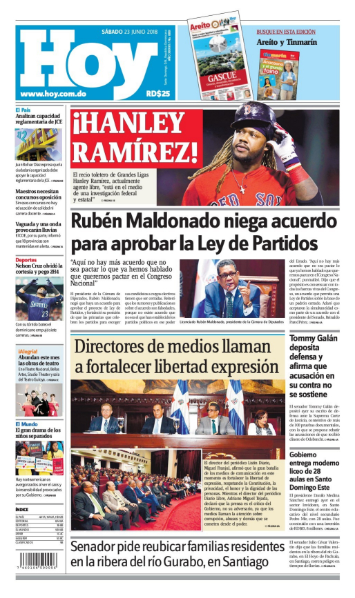 Portada Periódico Hoy, Sábado 23 de Junio 2018