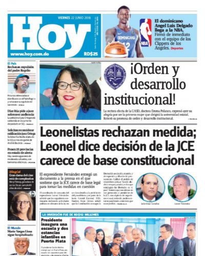 Portada Periódico Hoy, Viernes 22 de Junio 2018