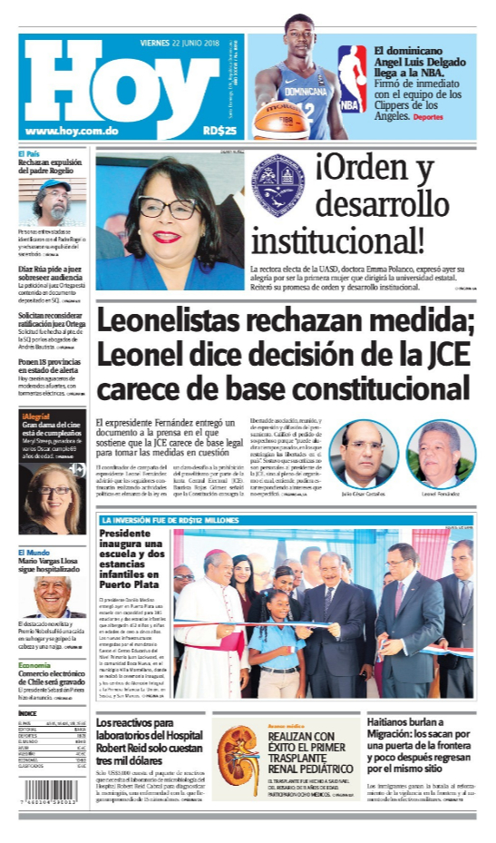 Portada Periódico Hoy, Viernes 22 de Junio 2018