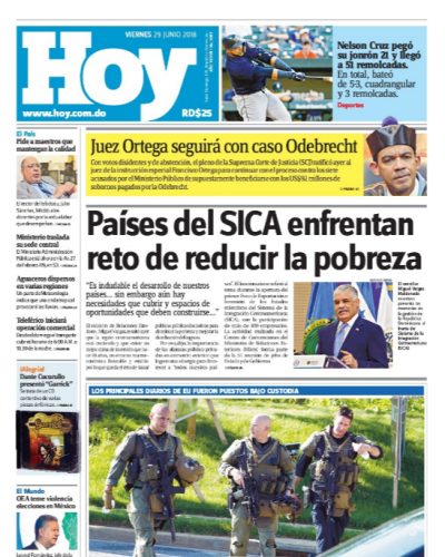 Portada Periódico Hoy, Viernes 29 de Junio 2018