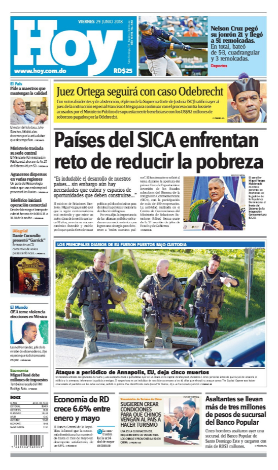 Portada Periódico Hoy, Viernes 29 de Junio 2018