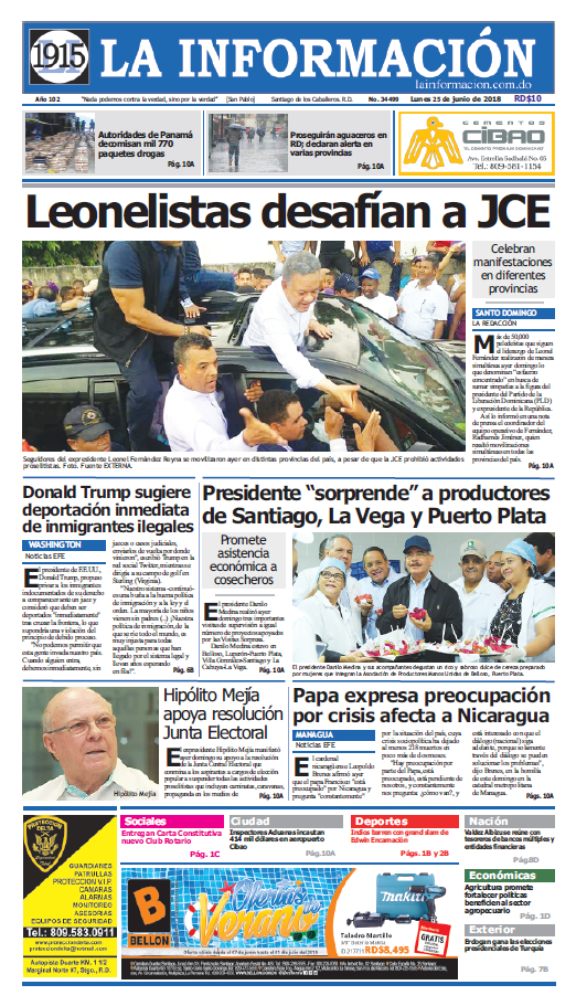 Portada Periódico La Información, Lunes 25 de Junio 2018