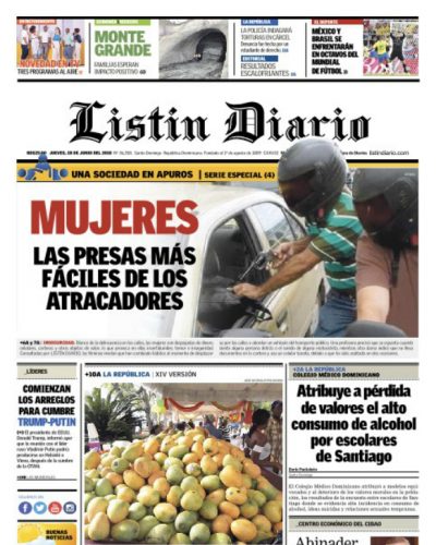 Portada Periódico Listín Diario, Jueves 28 de Junio 2018