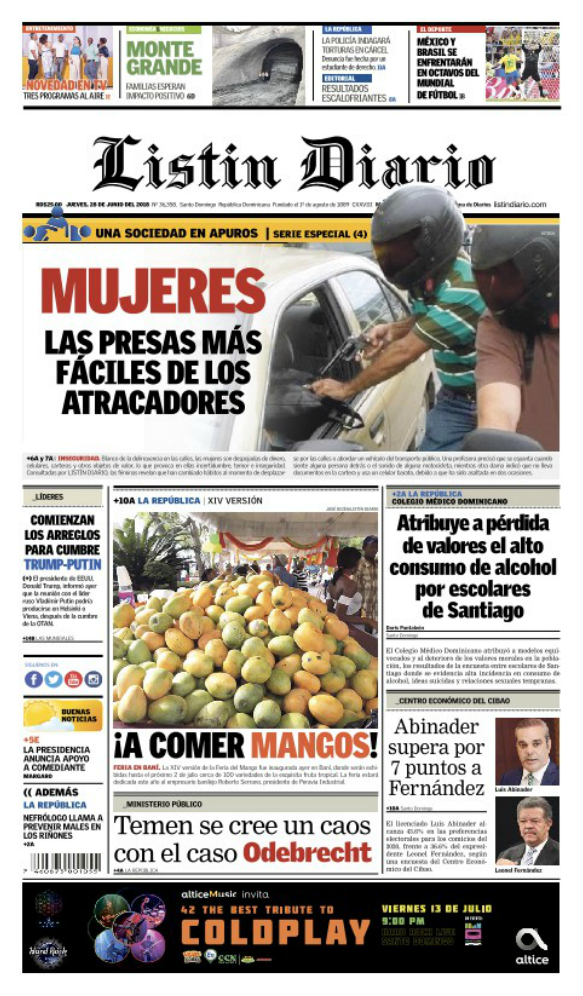 Portada Periódico Listín Diario, Jueves 28 de Junio 2018