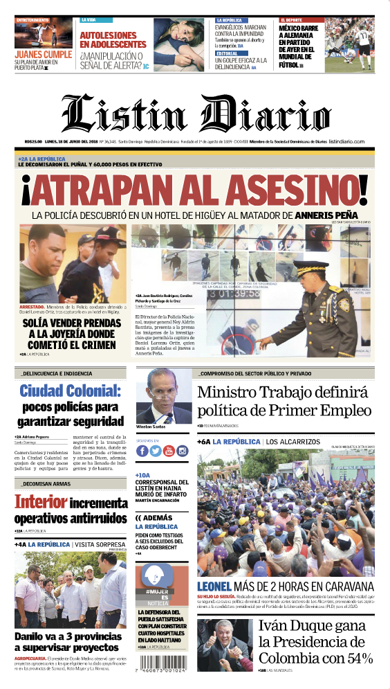 Portada Periódico Listín Diario, Lunes 18 de Junio 2018