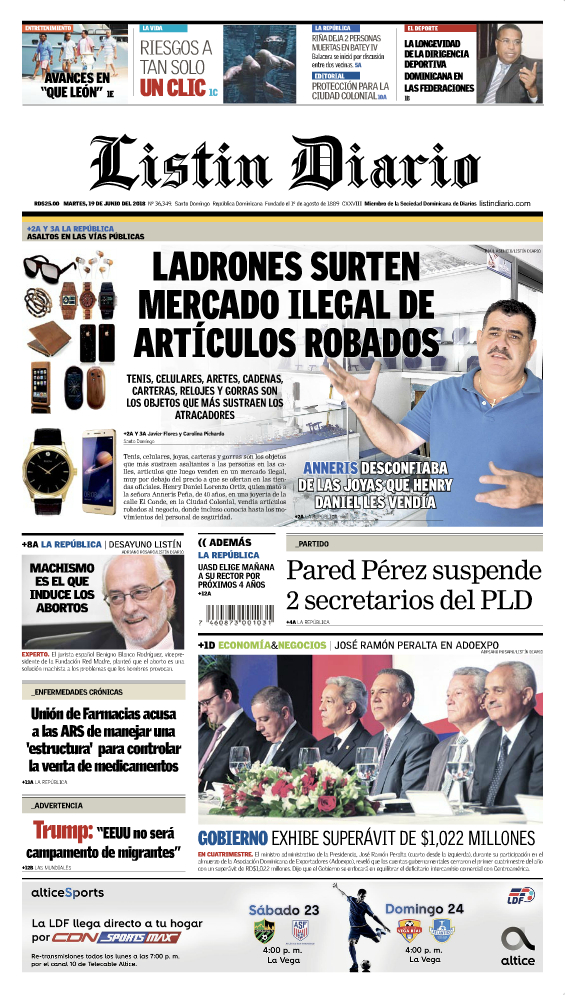 Portada Periódico Listín Diario, Martes 19 de Junio 2018