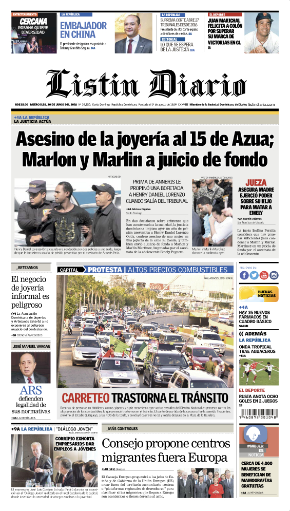 Portada Periódico Listín Diario, Miércoles 20 de Junio 2018